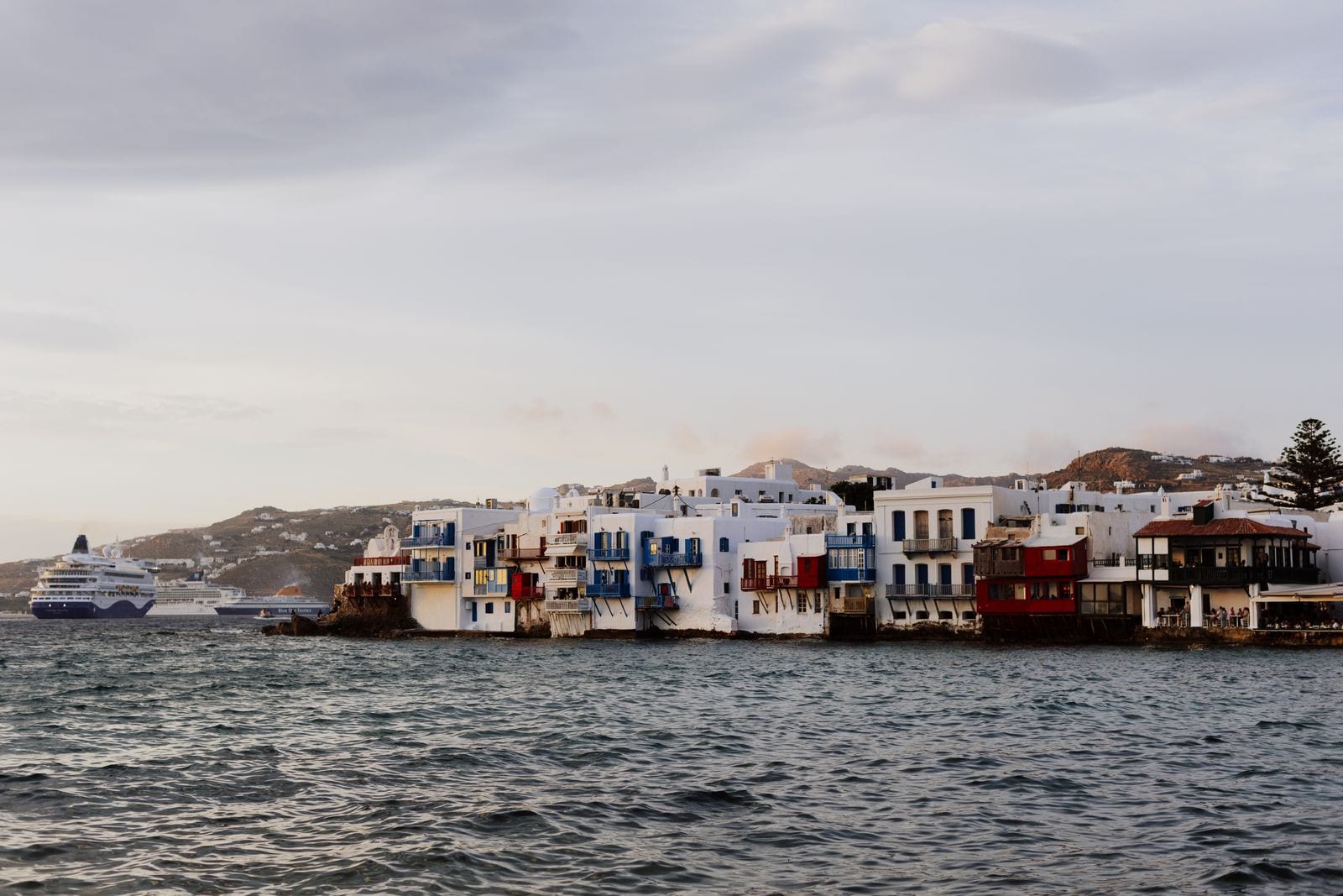 Mykonos harbour with cruise ship context