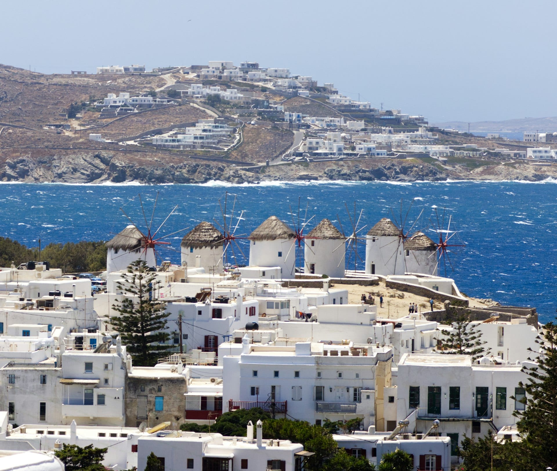 Kato Mili windmills above Mykonos Town and the Aegean