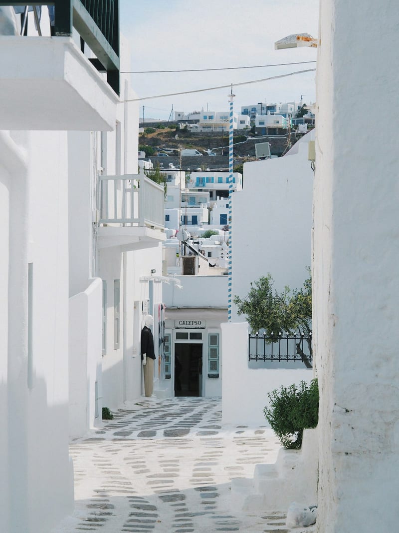 Pedestrian whitewashed lanes in Mykonos Town